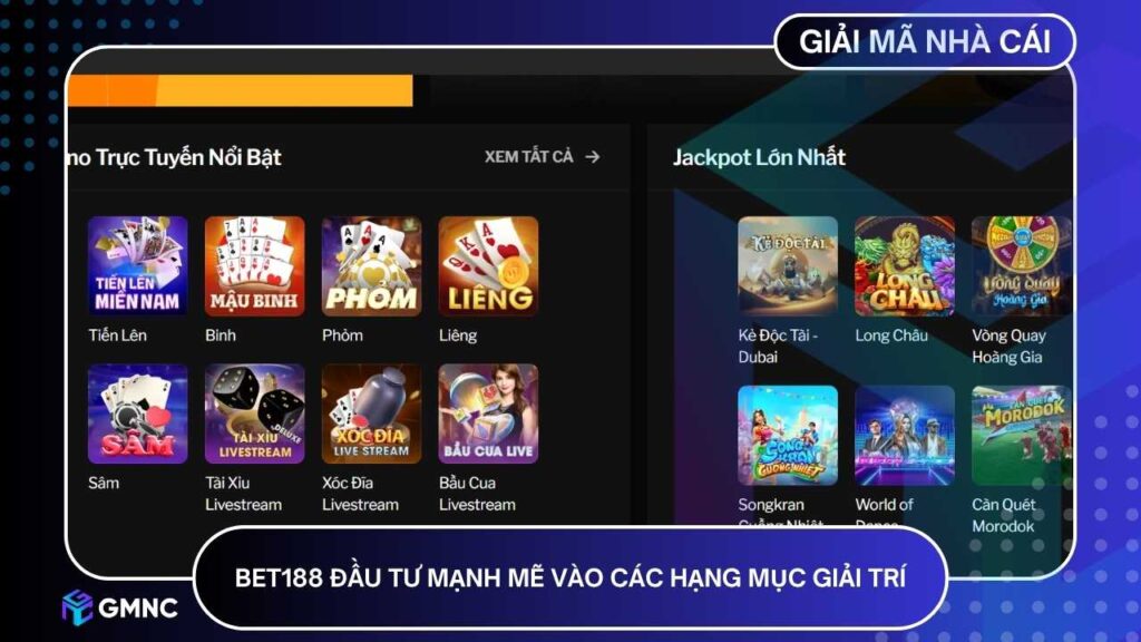 BET188 đầu tư mạnh mẽ vào các hạng mục giải trí khác