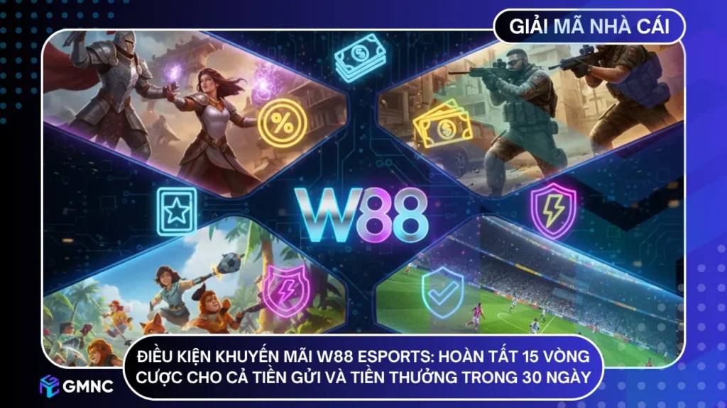 Điều kiện khuyến mãi Thưởng 100% chào mừng lên đến 6.150.000 VND tại Esports là hoàn tất 15 vòng cược cho cả tiền gửi và tiền thưởng trong 30 ngày