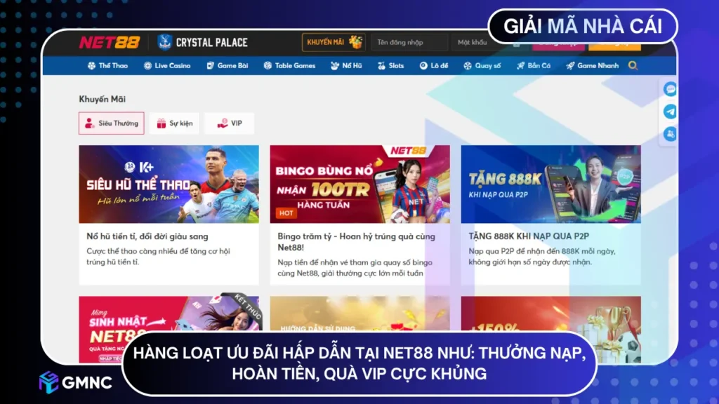 Hàng loạt ưu đãi hấp dẫn tại net88 như: thưởng nạp, hoàn tiền, quà VIP cực khủng