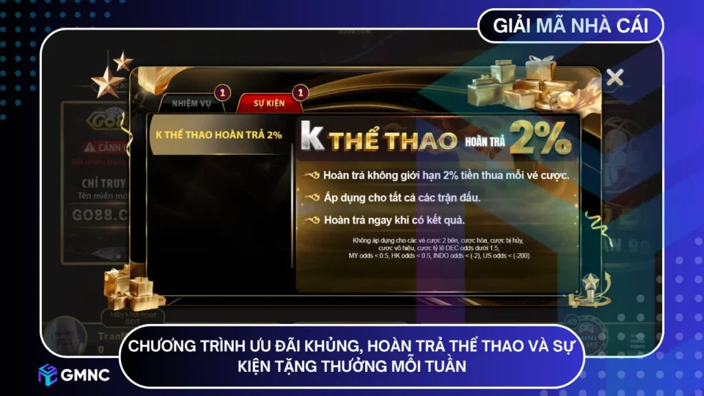 Nhà cái game bài GO88 tung nhiều hương trình ưu đãi khủng, hoàn trả thể thao và sự kiện tặng thưởng mỗi tuần