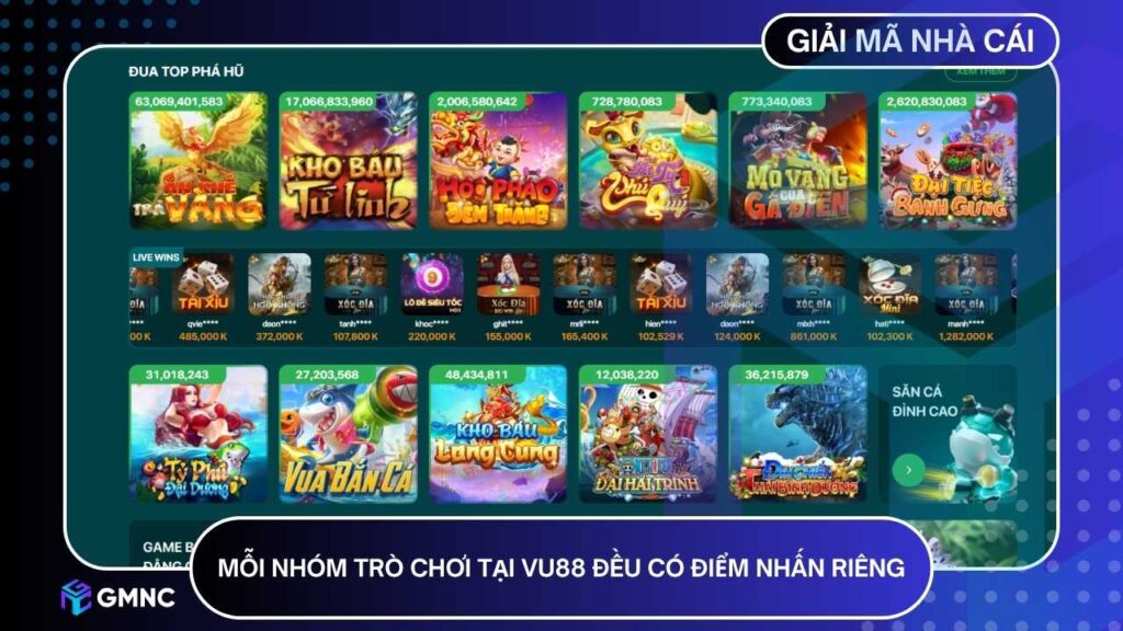 Mỗi nhóm trò chơi tại VU88 đều có điểm nhấn riêng