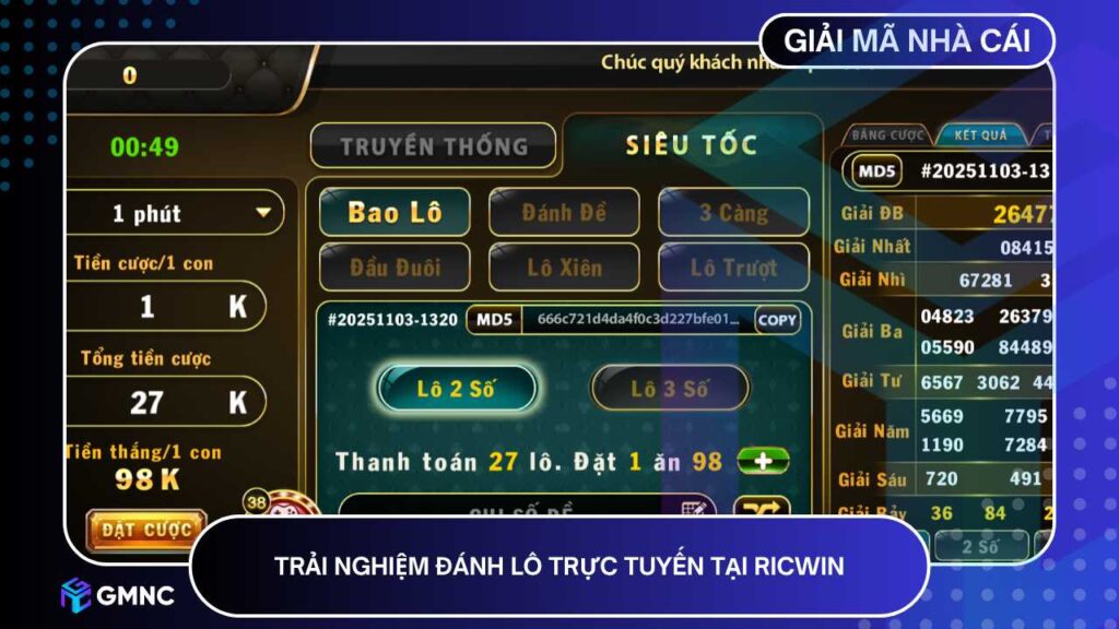 Trải nghiệm đánh lô trực tuyến tại Ricwin