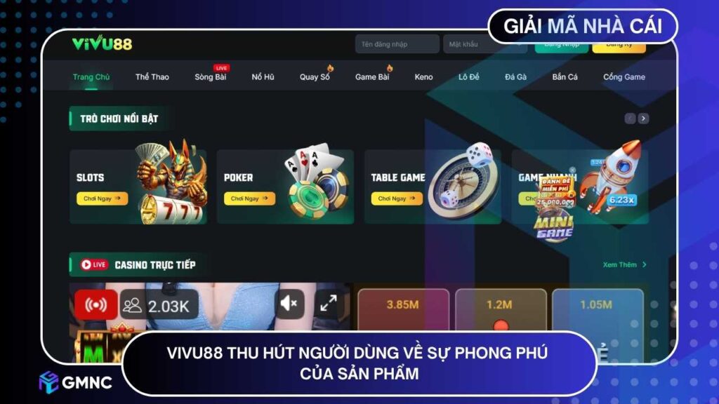 Một trong những yếu tố khiến VIVU88 thu hút người dùng là sự phong phú về sản phẩm